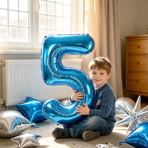 Image of TONIFUL 5th Birthday Balloons Kit 40 Inch Blue Large Number 5 Foil Balloon | with 18Inch Helium Mylar Heart Star Shaped Balloons for Boy Men Birthday Anniversary Graduation New Year Eve Party Decoration