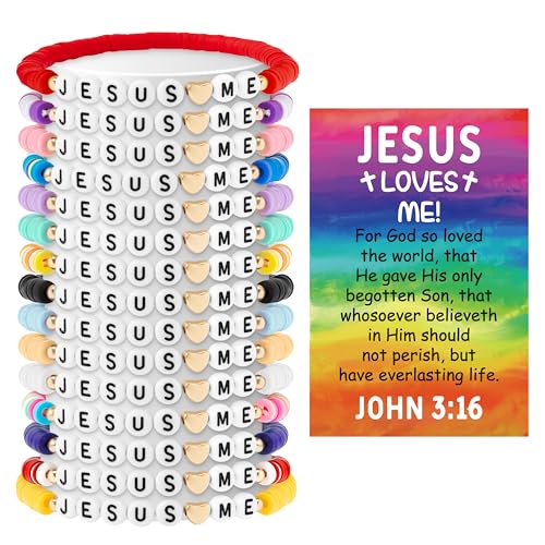 Y1tvei Jesus Loves Me Clay Bead Bracelets - 60Pcs Stretch Chains with John 3: 16 Bible Verse Cards, String Layering Stackable Stretch Wrist Bracelets for Christian Religious Birthday Party Favors Gift