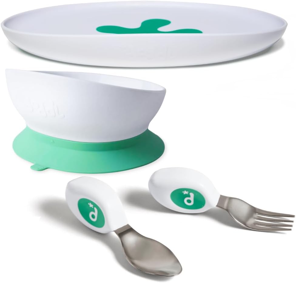 doddl Everyday Toddler Essentials (12–24 Months) – 2-Piece Toddler Cutlery + Non-Slip Plate + 2-in-1 Suction/Non-Slip Bowl Fresh Green