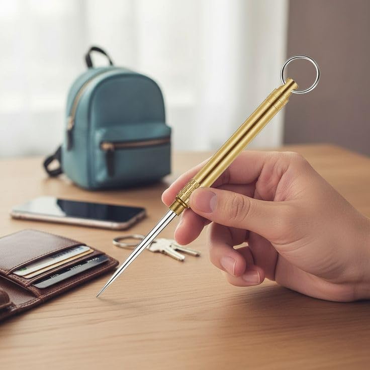 Image of Metal Toothpick Keychain | Reusable Food Pick with Stainless Steel Tip | Brass Gold Pocket Toothpick | Multipurpose Pick Tool | Pack of 1
