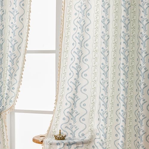 Image of Blue| Sage on White Boho Curtains 63 Inch Long for Living Room, Bedroom, 2 Panels Floral Farmhouse Vintage Tassel Semi Sheer Privacy Window Curtain Drapes with Rod Pocket