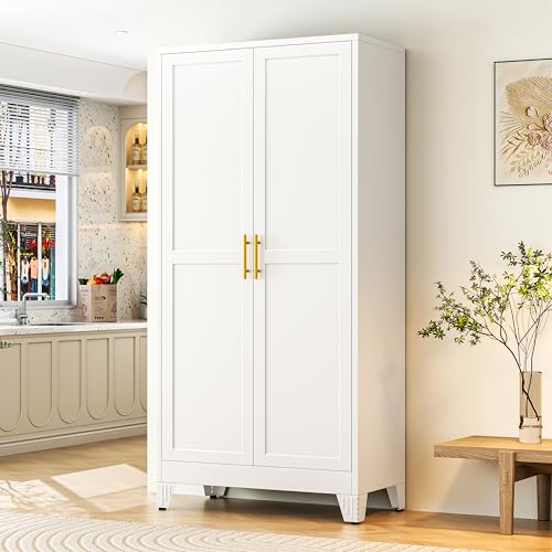 Image of GAIOUS 75.2 inch Tall Metal Storage Cabinet with 2 Doors and 5 Adjustable Shelves, New upgrade Kitchen Pantry Cabinet, White Freestanding Cupboard, 6 Tier Steel Storage for Office, Kitchen, Dining, Garage