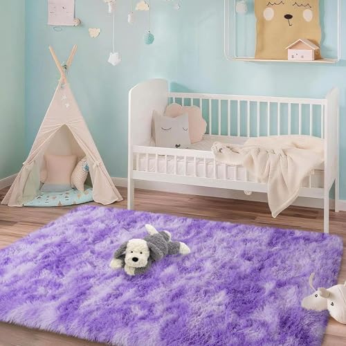 3x5 Rugs for Bedroom, Fluffy Area Rugs for Living Room, Soft Shag Kids Rug Small Carpet with 4 Non-Slip Rug Pads (Purple TieDyed, 3ft x 5ft)