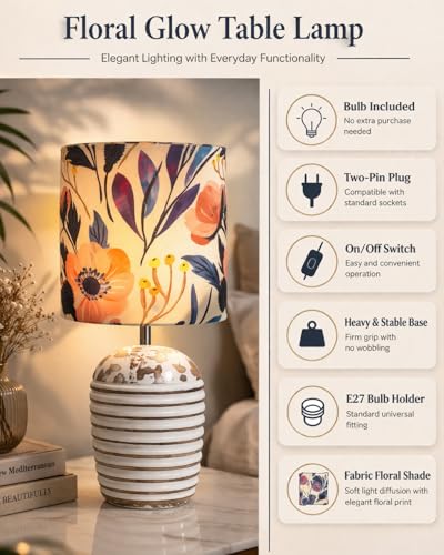Image of Homesake Decorative Wooden Table Lamp for Living Room, E27 Holder | Bulb Included |Bedside Night Lamp & Bedroom, Office | Ribbed Basket Design Modern Home Decor Table Light, Blue Flower Print Shade