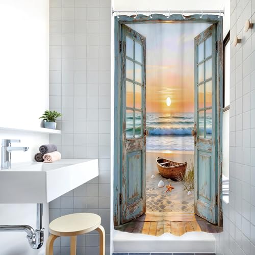Image of Riyidecor Small Stall Beach Ocean Shower Curtain 36Wx72H Inch Blue Rustic Seaside Barn Door Sea Scenery Sunset Sandbeach Wood Hawaii Landscape Bathroom Decor Fabric Polyester Waterproof 7 Pack Hooks