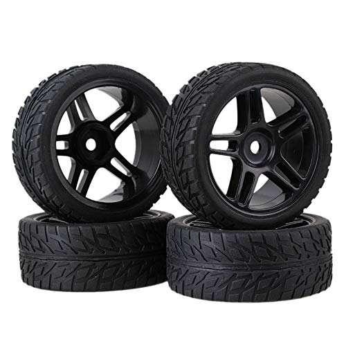 BQLZR RC 1:10 - Neumático de goma con diseño de llama negra y llanta de plástico negro con agujeros de 12 mm, 4 unidades