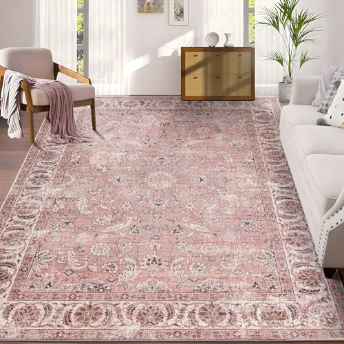 Taleta DAMAIA Washable Rugs Living Room Large Pink Rug Boho Rug Non Slip Vintage Rugs for Bedroom Soft Short Pile Rugs Oriental Area Rugs Kitchen Rugs for Living Room Dining Room (Pink, 190 x 280 cm)