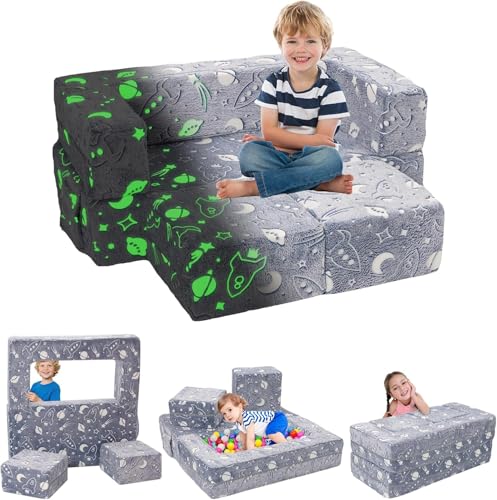 Sillón Bebe, Plegable Sofa Infantil, Sillón Infantil 2 en 1, Sofá Cama Convertible Tumbona, Silla Ancha Suave Funda Extraíble, Gris Estampado Cohetes, Brilla Oscuridad, Regalo Día Niño Cumpleaños