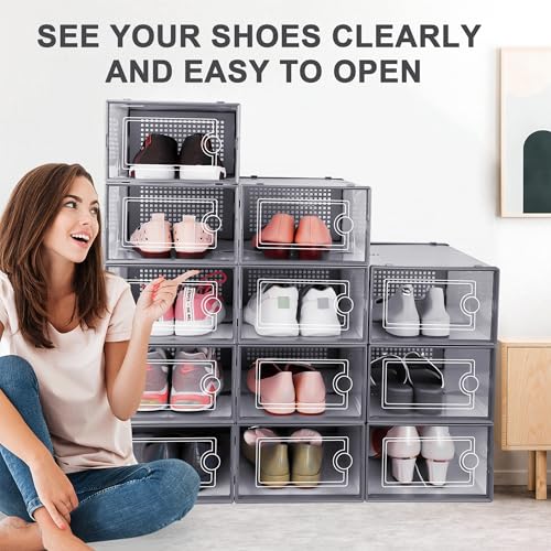 Image of Kuject 12 Pack Large Shoe Boxes, Clear Stackable Containers with Lids,Grey | Shoe organizers for closet & entryway, under-bed,Drop-front design fits women's size 10