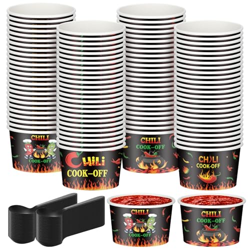Reallnaive 200 Pack Chili Cook off Party Decorations 9oz Disposable Sample Cook off Tasting Paper Cups and Plastic Spoon for Chili Contest Party Supplies (Black)