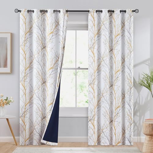 FMFUNCTEX 100% Blackout Yellow on White Tree Curtains for Bedroom, Curtains 84 Inches Long Branch Curtain Panels for Living Room, Room Darkening Thermal Insulated Window Drapes, Grommet Top 2 Panels