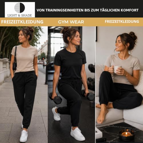 Light & Shade Damen Jogginghose Fleece – Sweatpants mit Kordelzug, Tapered Trainingshose mit Taschen, Weiche Trackpants für Fitness Gym Freizeit Loungewear (Schwarz, L)