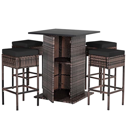 RELAX4LIFE 5-Piece Outdoor Bar Set, Wicker Rattan Bar Height Patio Set w/4 Cushion Bar Stools & Table with Hidden Storage, 5PCS Outdoor High Top Table and Chairs Set for Backyard Poolside (Black)