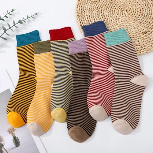Image of Jspupifip Womens Strip Crew Socks 6 Pairs Cotton Casual Athletic Socks Cute College Style Ribbed Colorful Crew Sock