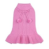 Picture of CuteBone Pink Dog Sweater Dress for Small Dogs Girl, Turtleneck Puppy Sweater with Craft Pom Pom Ball Pullover Ruffle Dress for Medium Dogs Girl