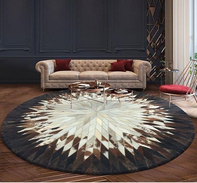 Celestial Rug Round Leather Area Rug | 10X10 ft Modern Cowhide Patchwork Round Carpet | Luxury Non-Slip Floor Circle Mat for Dining & Living Room |