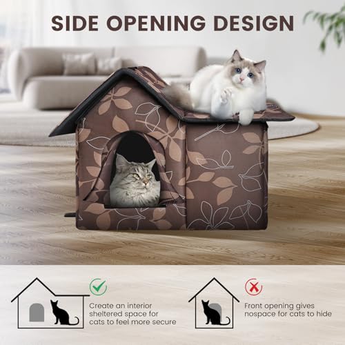 WHDPETS Katzenhütte Outdoor Winterfest Isoliert, Katzenhöhle für Draußen Katzenhütte Outdoor Winterfest Wasserdicht, Abnehmbarem Transparentem Vorhang (Braun)