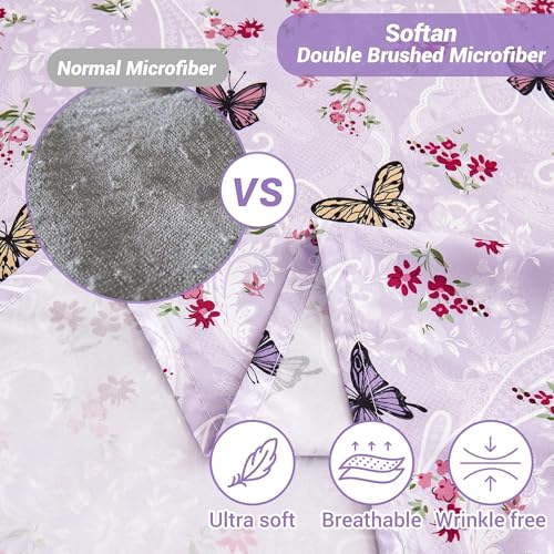 Image of Softan Purple Floral Bed Sheets Full, Paisley Flower Printed Sheet Set, Cozy Microfiber Fitted Sheet with 15 inch Deep Pocket & Non-Slip Straps, Butterfly Patterned Sheets & Pillowcase Set