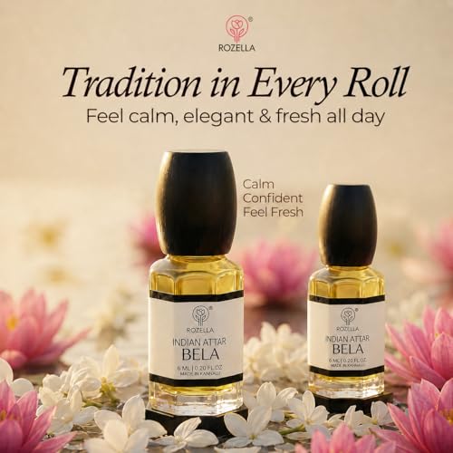 Image of ROZELLA Bela Mogra Authentic Attar for Men and Women | Floral Aroma Concentrated Perfume Oil | Traditional Fragrance Blend | Non Alcoholic Long Lasting Scent Roll On Perfume Attar | 3 ml