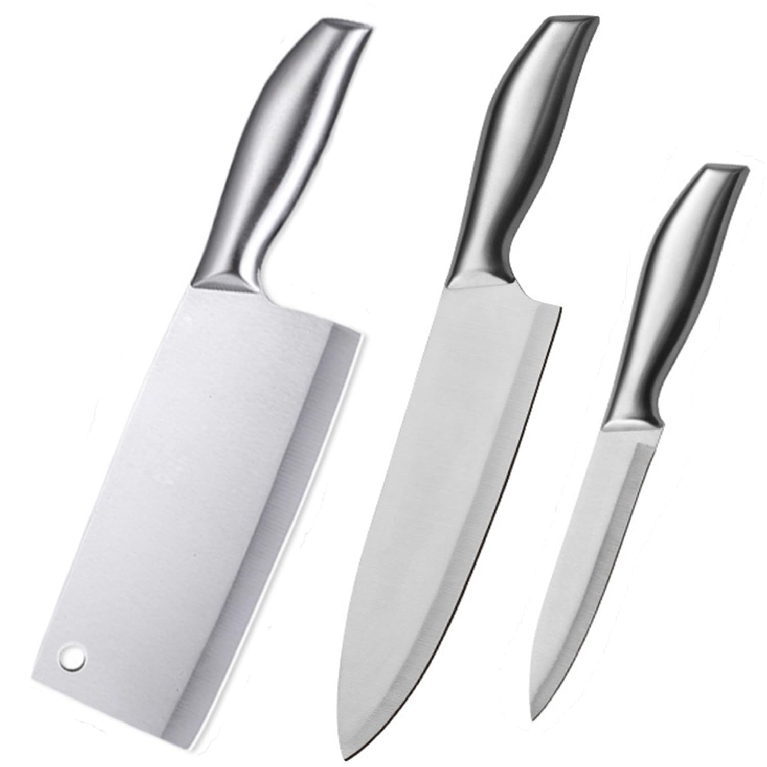 Krivety Stainless Steel Handle Paring 23.2Cm,30.1Cm Chef & 29Cm Cleaver Kitchen Knife High Carbon Super Sharp to Hold Blade Edge Rustproof, Scratch Resistant, Silver,Pack of 3 (Knife-C-ABC)