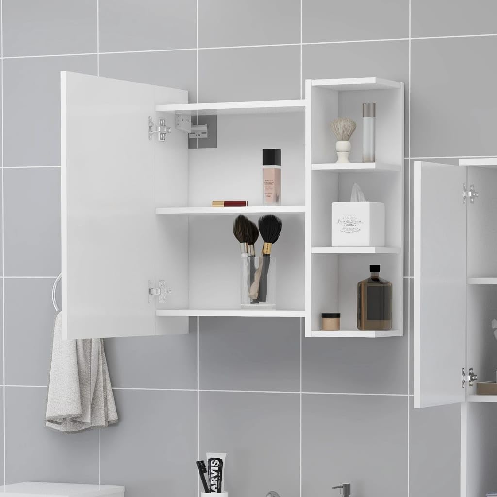 Szafka łazienkowa z lustrem biała z materiału drewnopochodnego, 62,5 x 20,5 x 64 cm, z 5 półkami i 1 drzwiczkami, miejsce do przechowywania szafki pod umywalkę, meble łazienkowe, wiszące na
