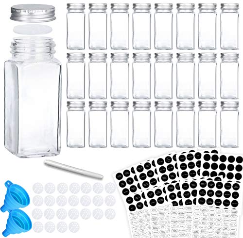 VERONES 25 Glass Spice Jars with 662 Spice Labels, Chalk Marker and Funnel Complete Set. 25 Square Glass Jars 4 OZ, Airtight Cap, Pour/sift Shaker Lid