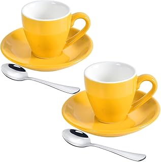 ionEgg Taza de café expreso de porcelana con platillo y mini cucharas de acero inoxidable, taza de chupito para espresso, 80 ml, paquete de 2, color amarillo