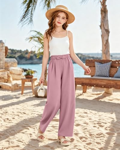 Image of Girls Wide Leg Palazzo Pant Loose Straight Cute Bow Waist Spring Summer Lightweight Dress Pant for Kids 5-14Y