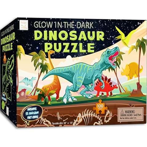 Hapinest Glow-in-The-Dark Dinosaur Jigsaw Puzzle for Kids, 100 Piece Puzzles for Kids Boys and Girls Gifts Ages 5 6 7 8 9 10 11 12 Years Old & Up, Includes 12 Dinosaur Fact Cards & LED Mini Flashlight Cover