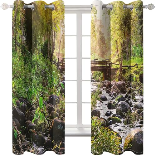 Homxi Cortinas Comedor Opacas Modernas 2 Paneles,2 x 102W x 160H CM,Cortina Comedor con Ojales Paisaje de Bosque y Arroyo Cortinas Comedor Verde