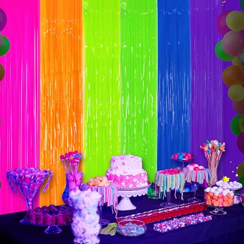 Image of Glow in The Dark Tinsel Curtains 2 Pack - 3.3x6.6ft UV Reactive Fluorescent Party Backdrop for Neon, Birthday, Pride Decorations, Pre-Taped, Lightweight Waterproof