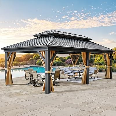 YITAHOME 12X18FT Meatl Hardtop Gazebo Metal Double Roof Canopy Galvanized Iron 4.7X4.7'' Aluminum Pillar Garden Tent Curtains Netting for Patios Backyards Decks Lawns