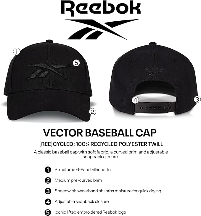 Image of Reebok Vector Baseball Hat | Snapback | Six Panel | Casual | Everyday | Sun Protection | Lightweight | Breathable