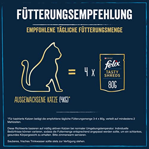 Felix Tasty Shreds Katzenfutter nass in Sauce, Gemischte Vielfalt, 4er Pack (4 x 20 Beutel à 80g)