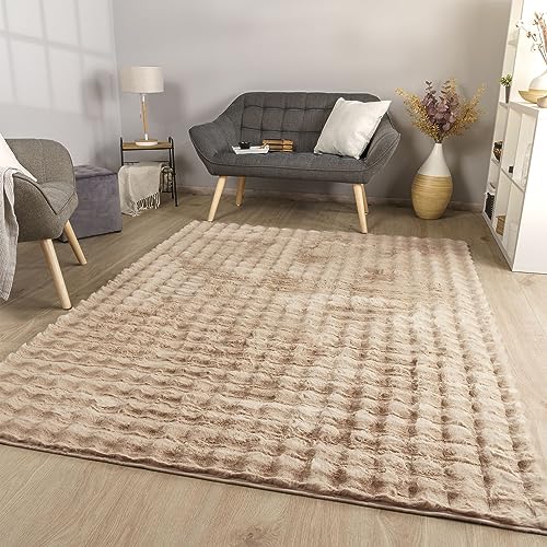 TT Home Wohnzimmer Teppich Esszimmer Langflor Skandi Optik Geometrisch 3D Unifarben, Farbe:Beige,...