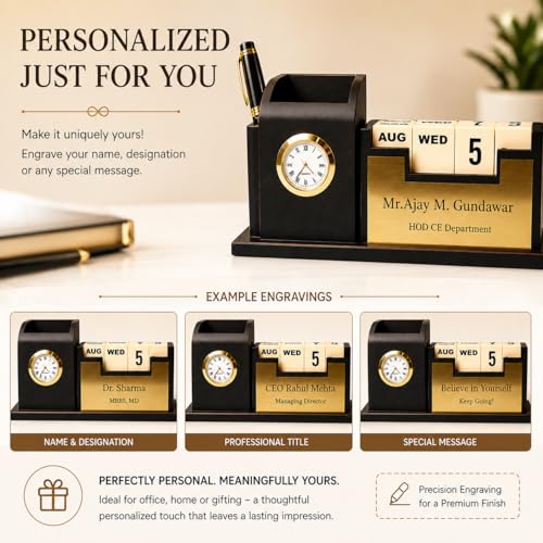 Image of Teak Wood Personalized Wooden Pen Stand Desk Organiser With Pen Stand For Office Table Stylish,Elegant Gift For Boss,doctors,male Corporate Gifts|Includes Calendar & Watch Stand,Stationary,Black