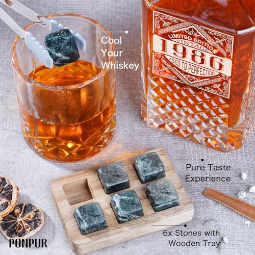 Image of PONPUR 40th Birthday Gifts For Men Dad, 1986 Laser Whiskey Decanter Set with Gift Box, Anniversary Birthday Gift Ideas for Him Husband, 40 Years Bday Decorations, Whiskey Glasses & Whisky Stones Inc