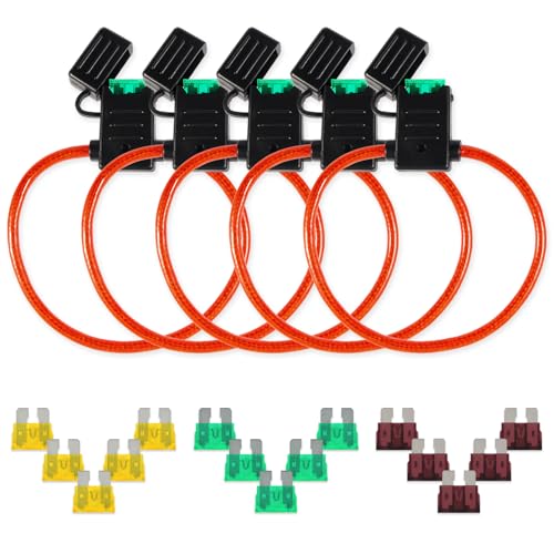 Sinus Live 5 Packs 10 Gauge Inline Fuse Holder, Water Resistant Automotive Blade Fuse Holder with 15 PCS Standard Fuses ATC/ATO (5 of Each 20A, 30A, 40A), Braiding Copper Conductor(OFC)