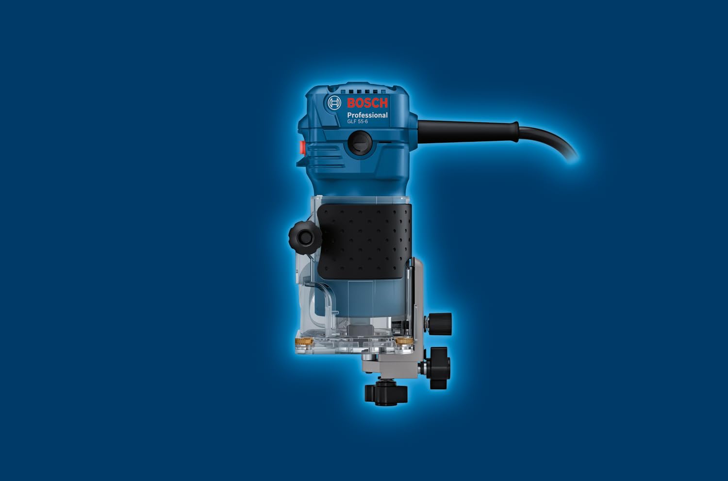 Bosch Professional Kantenfräse GLF 55-6 (550-W-Motor, Drehzahl 33.000 min⁻¹, inkl. 2x Einmaulschlüssel, 1x Spannzange, Parallelanschlag, Führungsrolle zum Bündigfräsen)