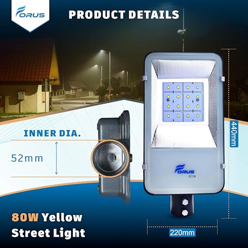 Image of Forus LED Street Light 80W Waterproof IP66 Outdoor Yellow Lamp for Home Garden Parking Lot Road Pathway Highway Warehouse Factory Yard Driveway Pole Mounted LED Streetlight 5 Years Warranty 1Pc