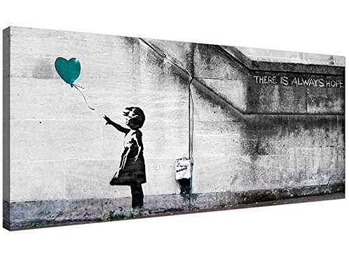 Wallfillers Teal Canvas Wall Art of Banksy Balloon Girl - 1220