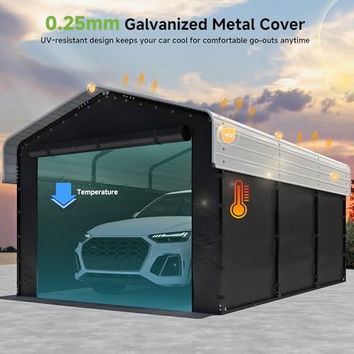 Image of Real Relax 10x15FT Heavy Duty Carport with Removable Sidewalls, Metal Car Port Multi-Use Outdoor Storage Trucks, Cars, Boats, Galvanized Metal Roof, Cream White