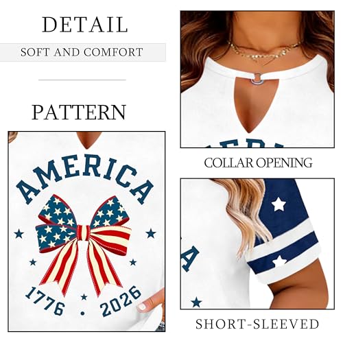 Image of Ithalt Plus Size American Flag Shirt Women Bow T Shirt 4th of July Shirts USA Patriotic V Neck Tees for Independence Day