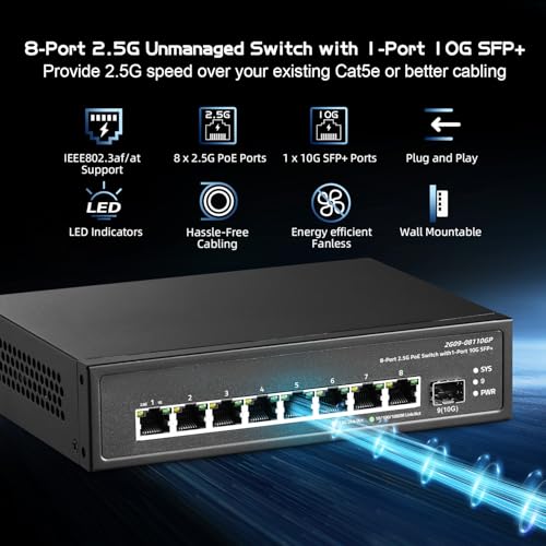 Image of Binardat 9 Port 2.5G PoE Switch with 10G SFP+ Port, 8x2.5G Base-T Ports Compatible with 100 /1000Mbps, IEEE802.3af /at 135W, Unmanaged Fanless Rackmount Ethernet Switch
