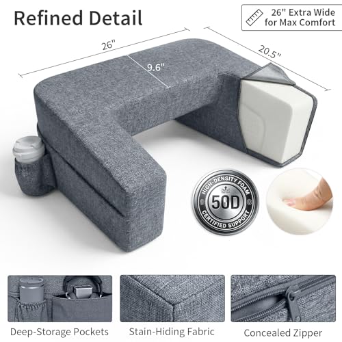 Image of Septsun 26 inch Extra Wide Lap Desk Pillow, Laptop Desk for Couch and Bed | Modern gray large soft foam workstation with ergonomic armrest elbow relief; mouse-ready fabric, cup holder, sofa gaming