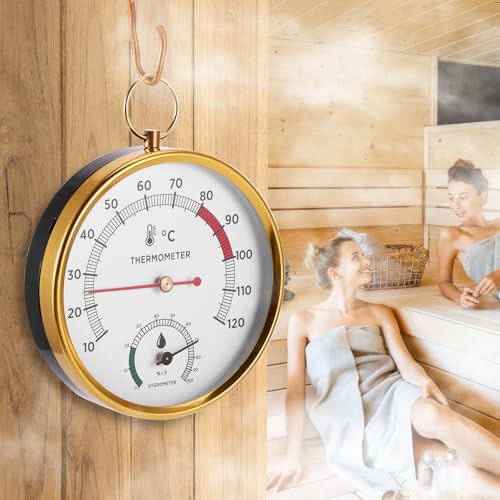 2-in-1 Sauna Thermometer and Hygrometer, Stainless Steel Round Sauna Thermo-Hygrometer High Accuracy Sauna Accessories, Digital Thermo-Humidity Meter for Steam/Sauna Room/Home Office