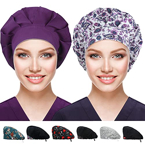 ABAMERICA 2 Pack Bouffant Caps with Button and Sweatband, Adjustable Scrub Caps for Women Men, One Size Multi Color A-42 Single Layer Satin Blk + Blk Single Layer