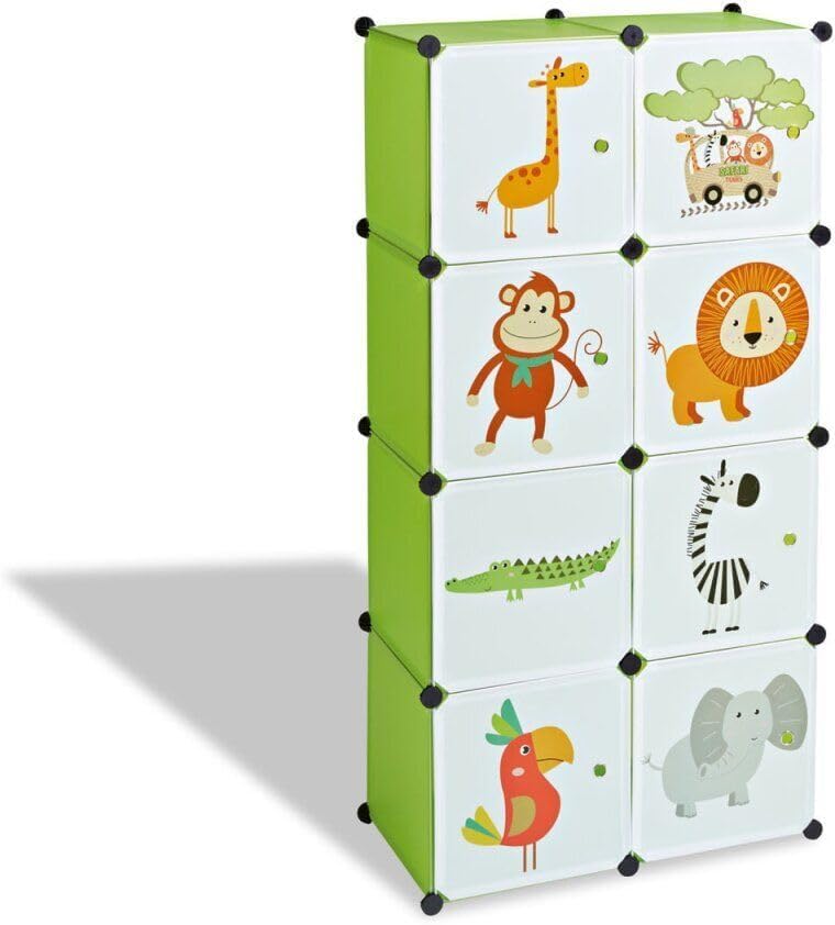 Image of 8 Door Kids Cartoon Wardrobe Storage Cabinet - DIY Modular Clothes Organizer with Hanging Cartoon Design Wardrobe with Multi for Bedroom, Living Room,Entryway