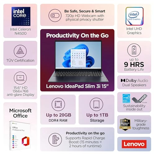 Image of Lenovo IdeaPad Slim • 15.6 inch Laptop with Microsoft 365 Included • Intel Processor • 20GBDDR4RAM • 1TB SSD + 1TB OneDrive • Privacy Shutter • Dolby Audio • Copilot AI • Win 11