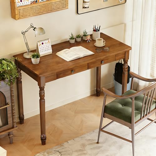 Image of 100% Solid Wooden Desk with Drawers - 47.2 inch Mid Century Modern Desk with 2 Hooks, Vintage Writing Desk with Drawers, Simple Work Study Table for Bedroom & Home Office - Walnut Color